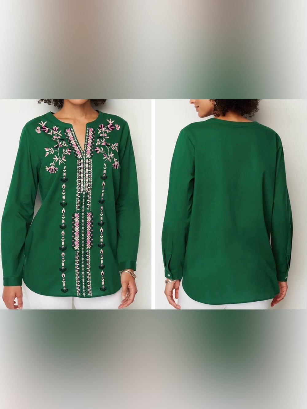 NWOT J. Jill Emerald Split Neck Pink White Black Embroidered Boho Tunic Top Med